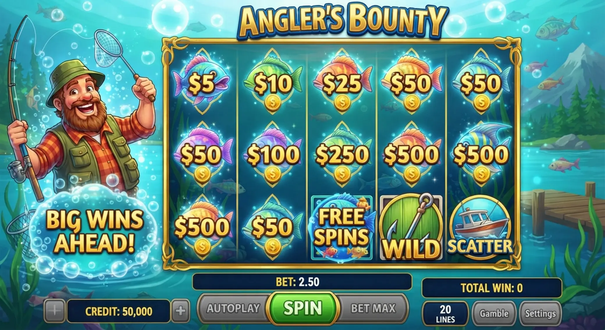 Ekran gry Big Bass Bonanza z bębnami i rybakiem
