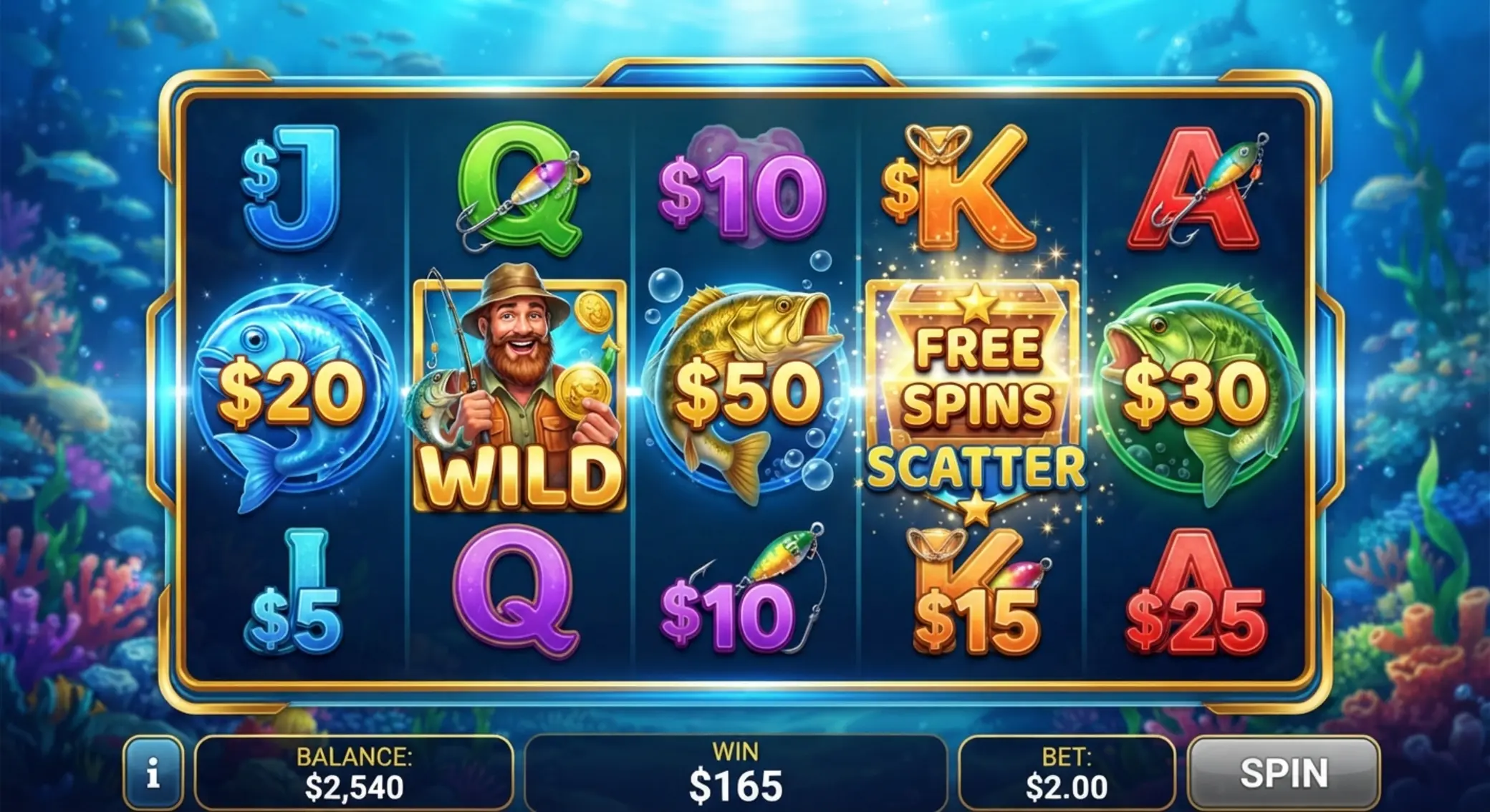 Symbole Big Bass Bonanza z rybami, Wildem i Scatterem