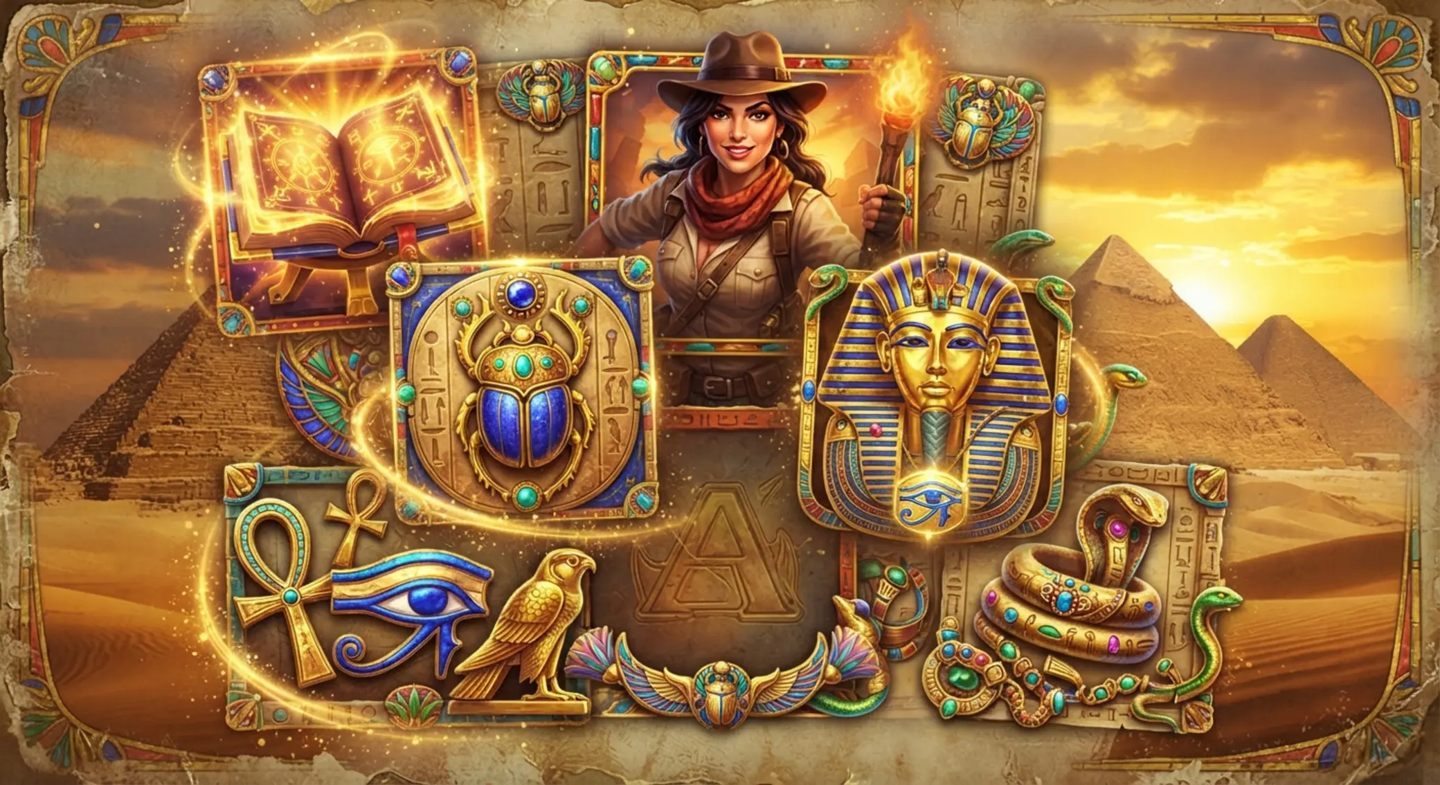 Symbole Book of Ra Magic na tle pustyni i piramid