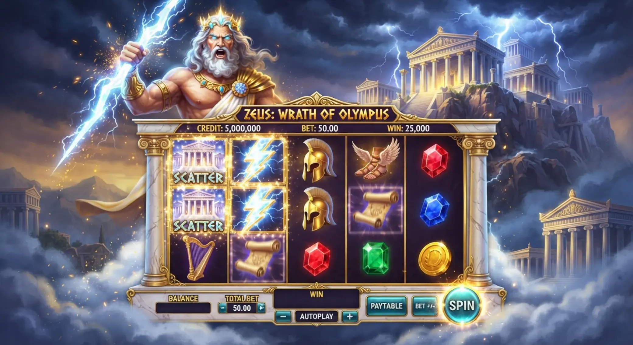 Gates of Olympus 1000 na tle Olimpu Ekran slotu na tle Olimpu z Zeusem i symbolami gry