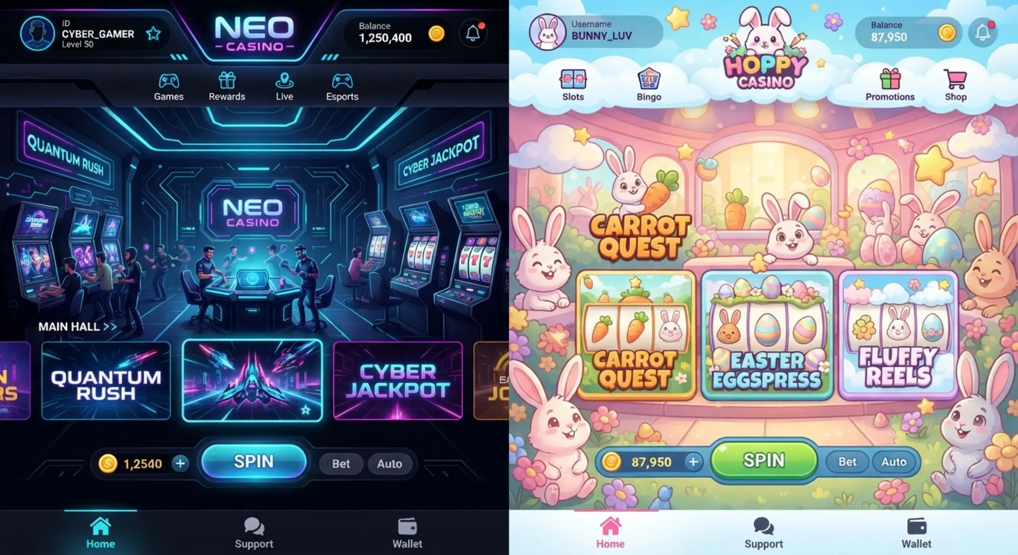 Dwa różne style kasyn online Porównanie stylu GGbet Slot i Slot Bunny Casino