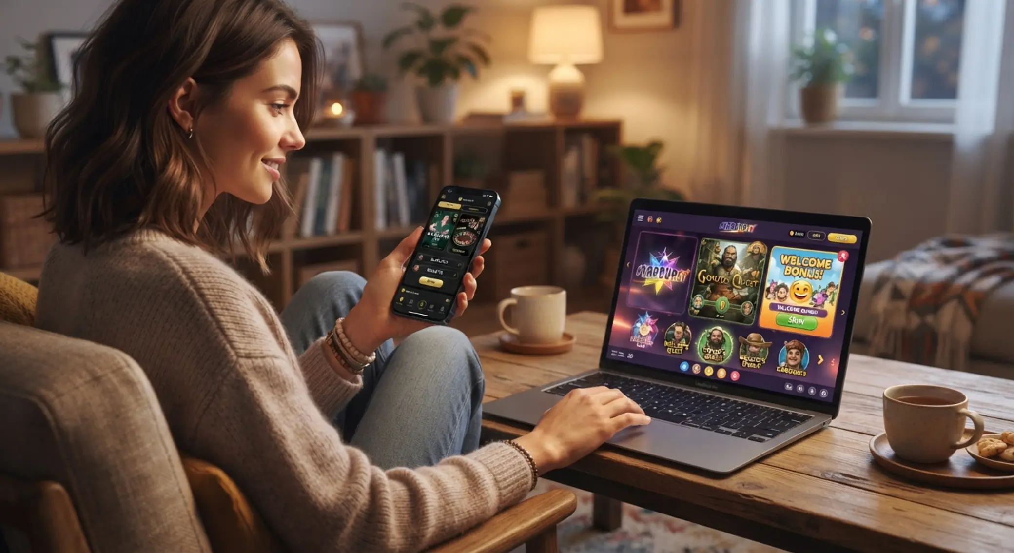 Mobilność i UX w kasynie online Gracz korzystający z kasyna online na smartfonie i laptopie