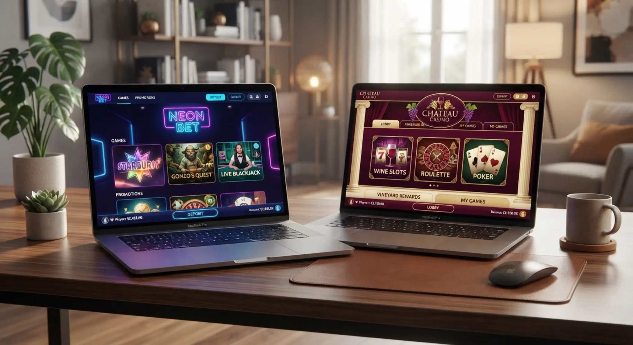 Porównanie stylu GGBet Slot i Slot Wino Casino Dwa ekrany pokazujące nowoczesne i eleganckie kasyno online