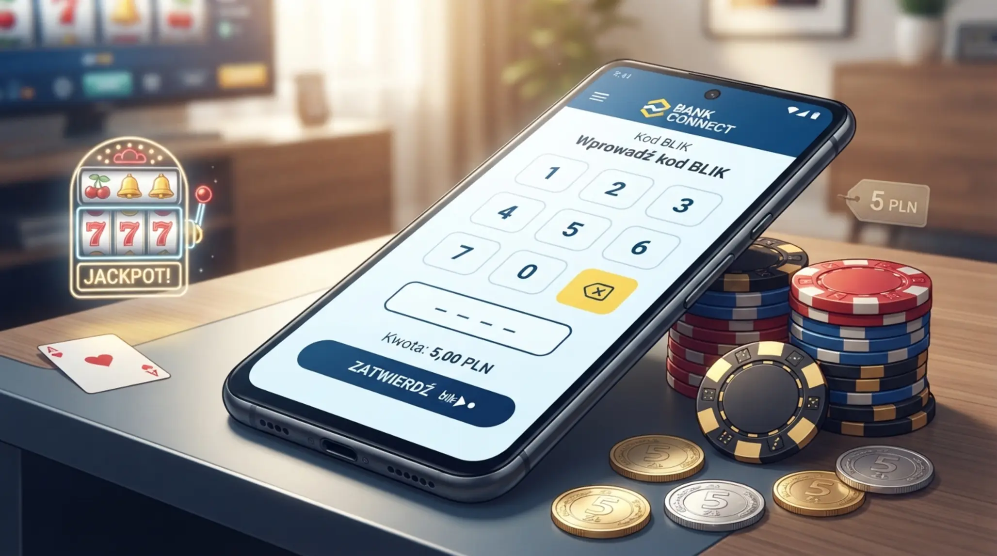 Telefon z aplikacją bankową i płatnością BLIK do kasyna