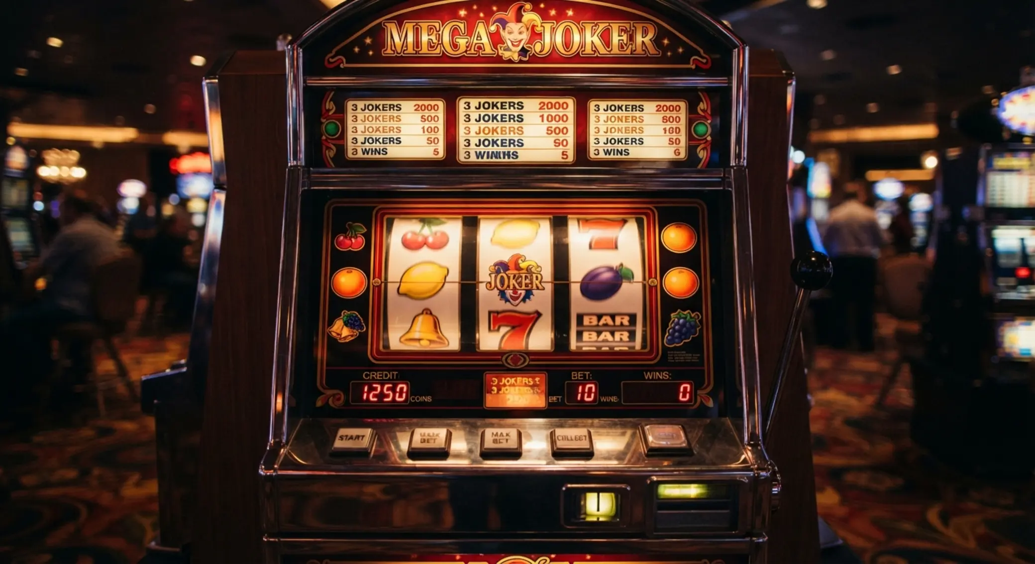 Symbole w slocie Mega Joker Ekran gry Mega Joker z owocowymi symbolami na bębnach