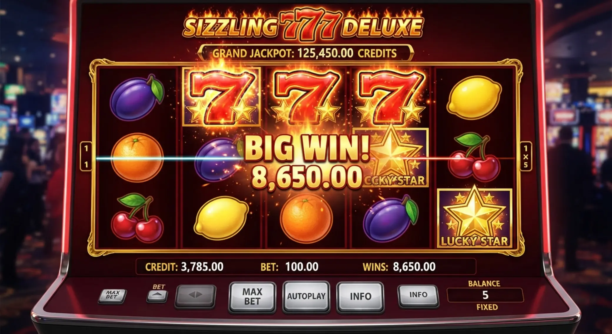 Ekran slota Sizzling 777 Deluxe Ekran gry Sizzling 777 Deluxe z owocami i symbolem 777