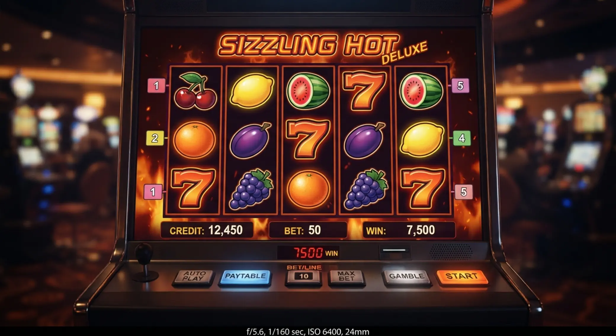 Ekran gry Sizzling Hot Deluxe Ekran klasycznego slotu owocowego z bębnami i symbolami