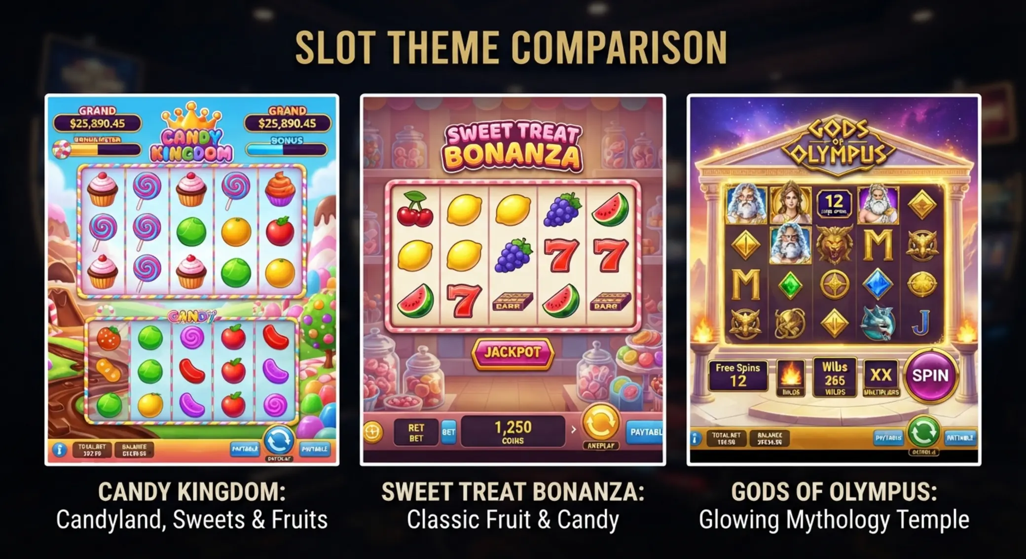 Porównanie motywów slotów Sweet Bonanza 1000, Sweet Bonanza i Gates of Olympus