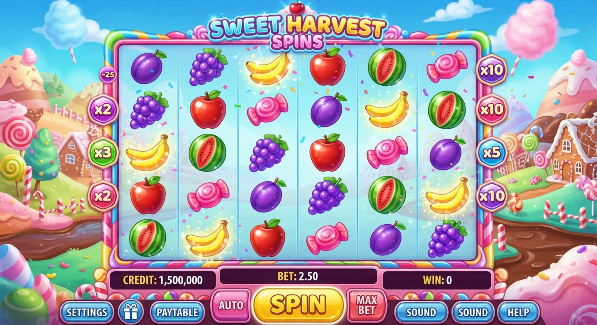 Bazowy ekran gry Sweet Bonanza z planszą 6x5