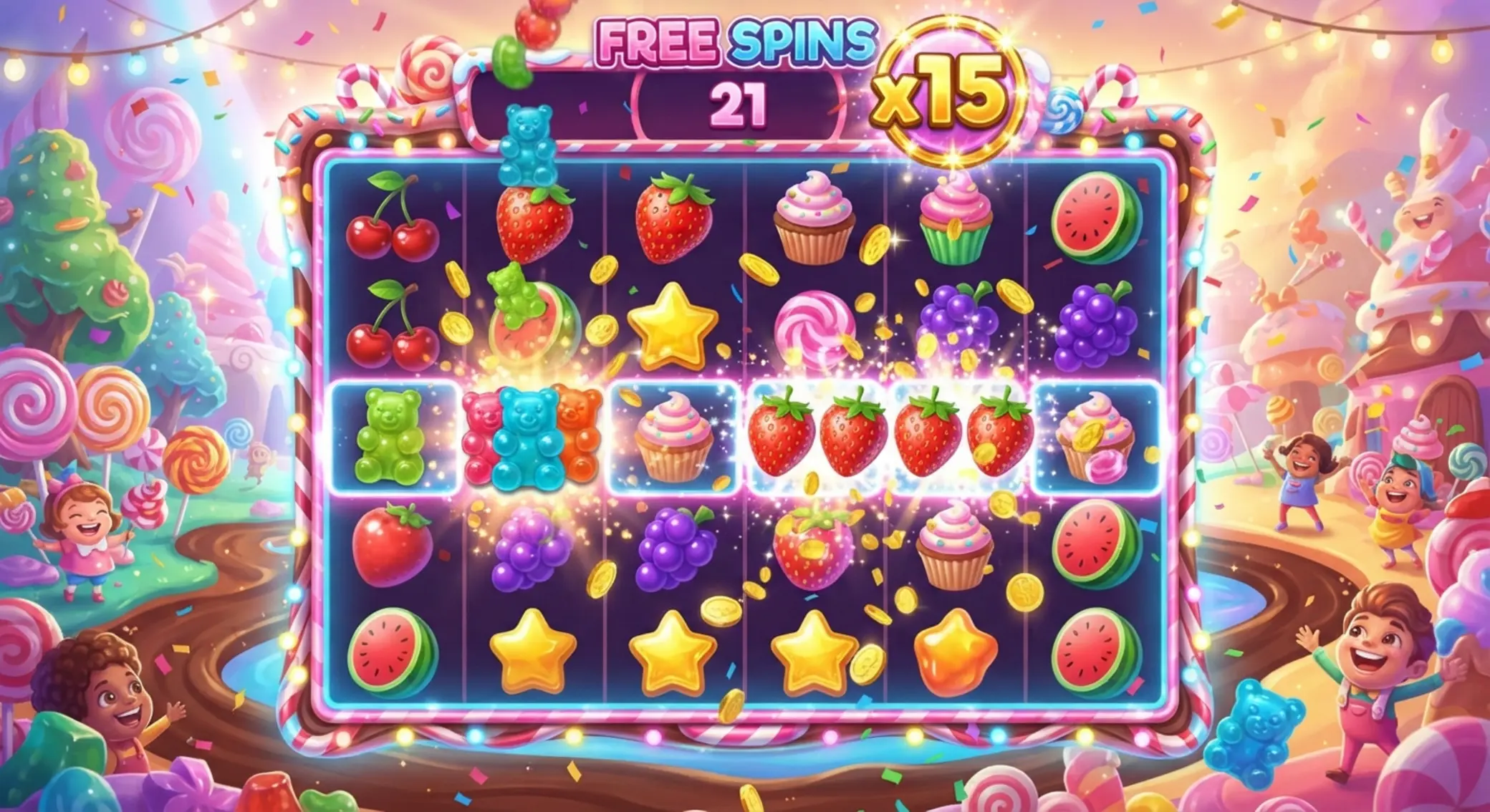 Runda darmowych spinów z mnożnikami w stylu Sweet Bonanza